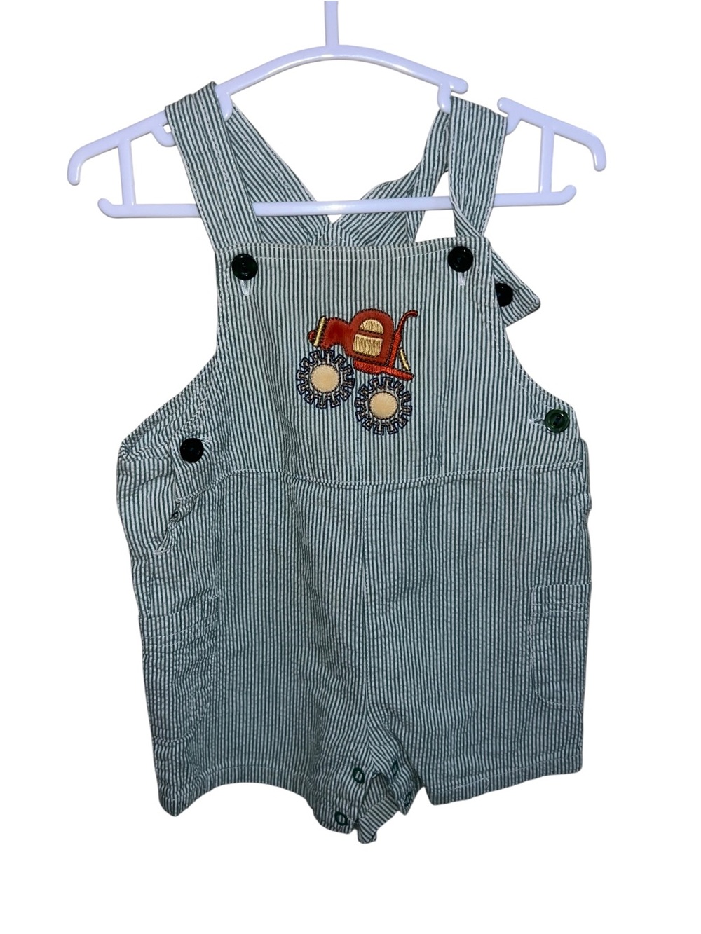 Nursery Rhyme Green and White Striped Overalls with Red Truck Detail